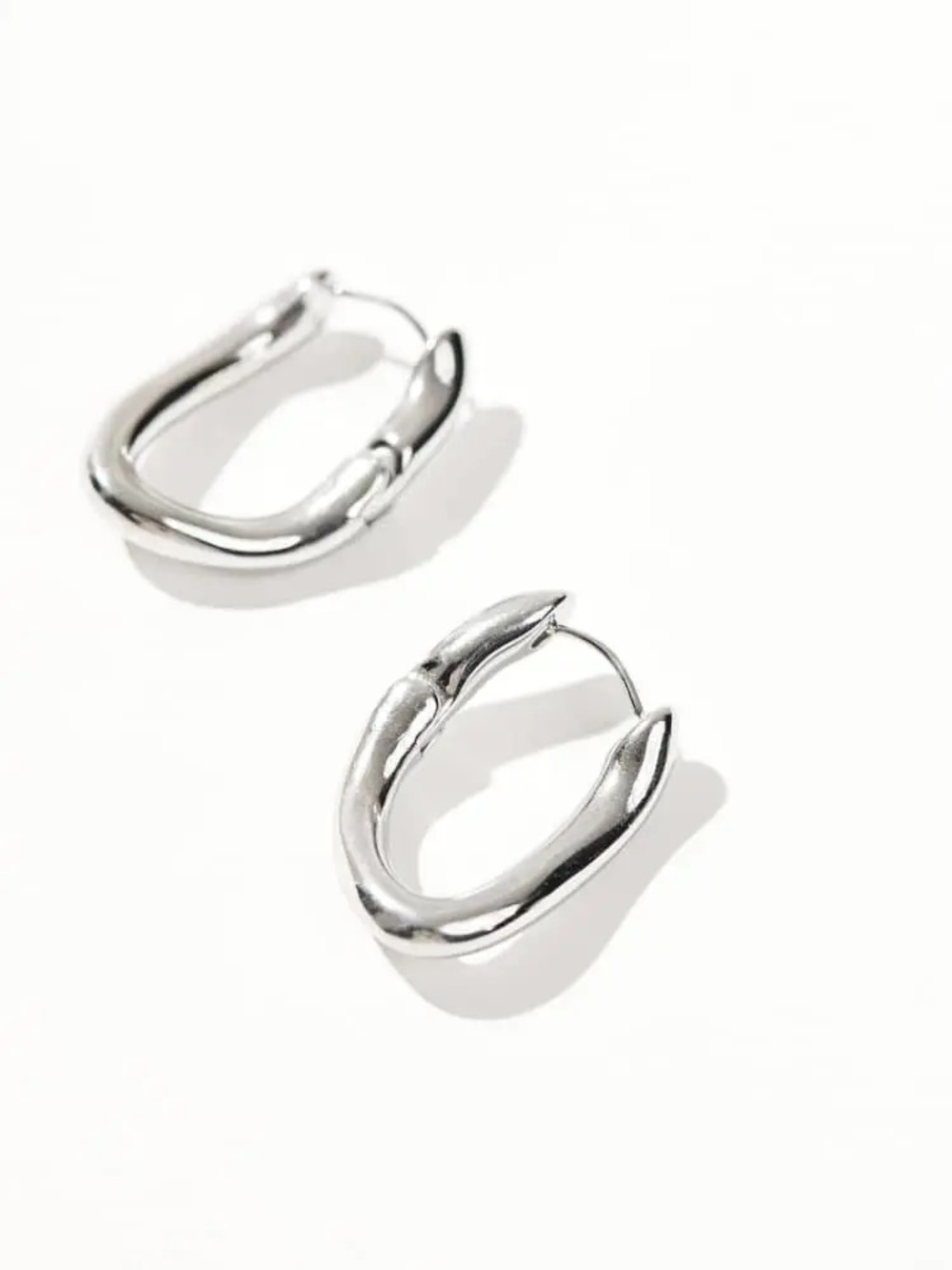 Silver Stainless Steel Molten Oblong Sculptural Hoop Earrings - Picture 3 of 5